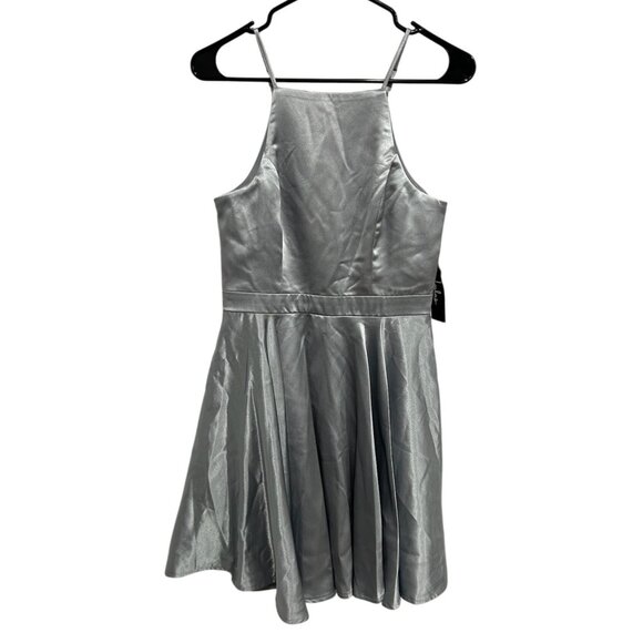 Lulus NWT Silver Satin Halter Tiny Dancer Short Skater Dress Sz Small - Picture 1 of 8
